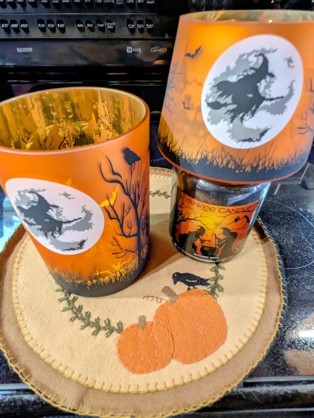 Yankee Candle Orange Halloween Candle Holder Set Witches Moon Jar Shade & Holder